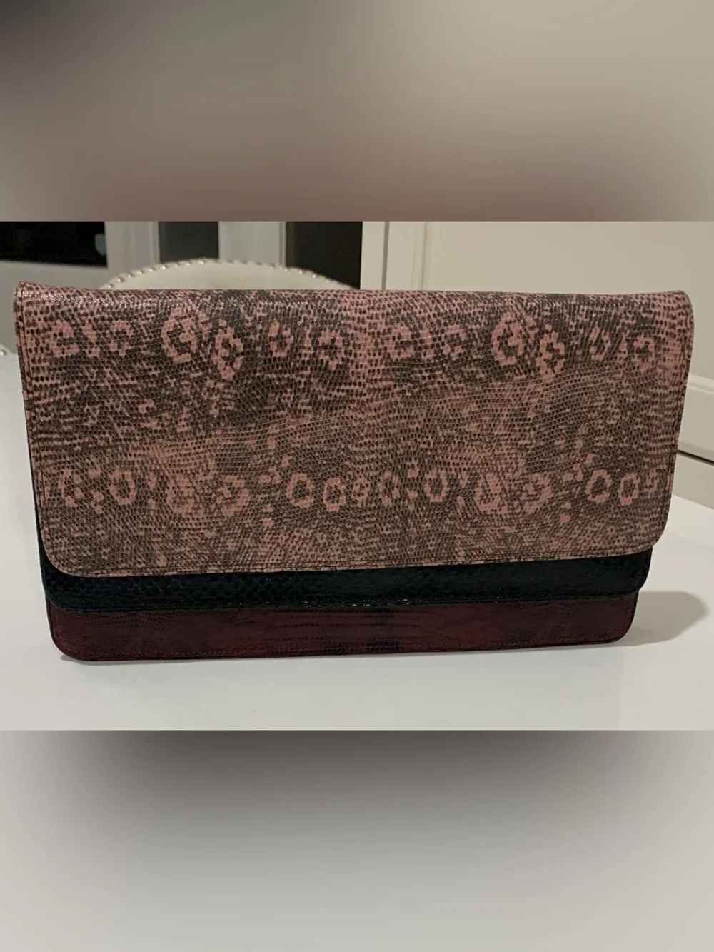 Dries Van Noten three-tone snake & lizard-embossed leather envelope clutch bag